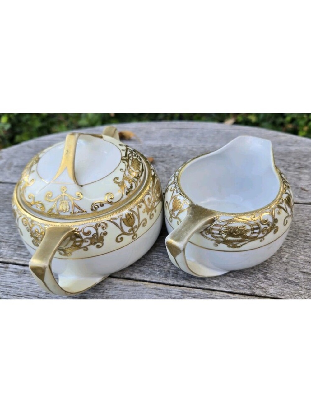 Vintage Christmas Ball Creamer & Sugar Flat Handle Green Mark 16034 22K GOLD Trm